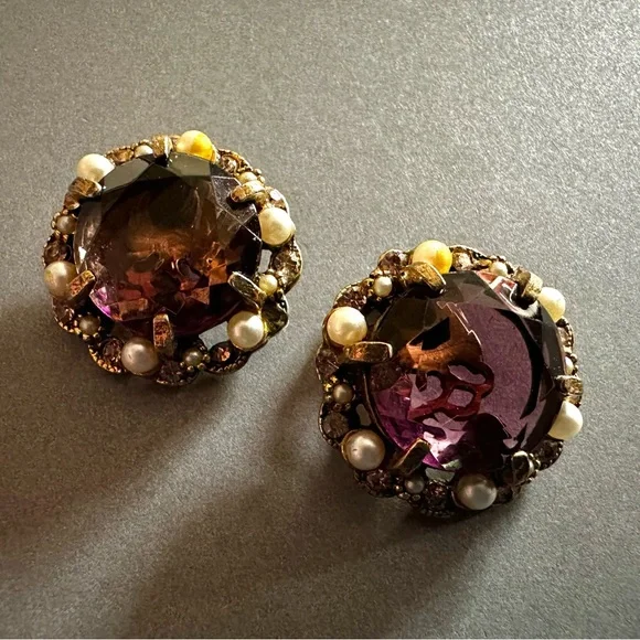 ARTHUR PEPPER ‘ART’ Amethyst Glass Clip On Earrings 1960s Vintage - Picture 2 of 11